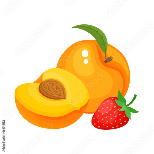 Cartoon bright natural strawberry and peaches isolated on white