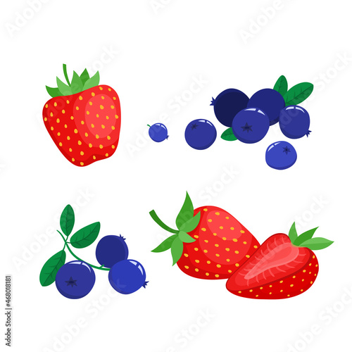 Cartoon bright natural strawberries and blueberries isolated on white.