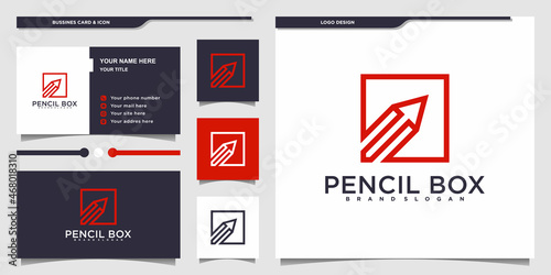 Minimalist of pencil box logo design with unique line art style and business card design Premium vecto