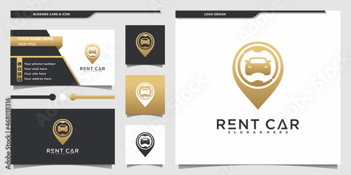 Abstract car rental logo design with modern gold gradient colour and business card Premium vekto