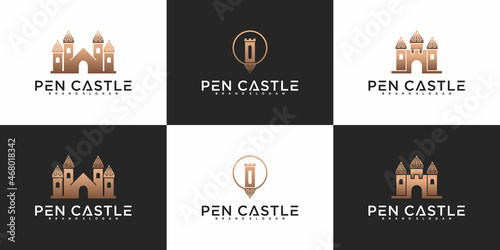 Creative pencastle logo design with luxury gold gradient colour and business card Premium vekto