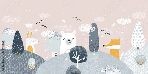 Obraz Cute pastel winter forest landscape with animals. Childish trendy print. Vector hand drawn illustration.