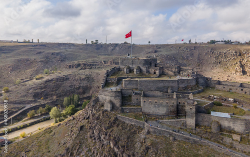Drone photo of the Kars Citadel in Kars Province, Turkey