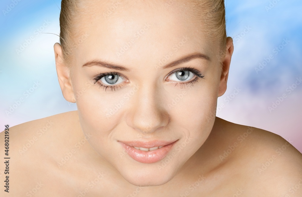 Photo of young girl touch cheek soft perfect skin over color background Photo of young girl touch cheek soft perfect skin over color background