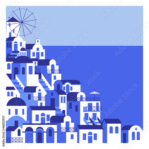 Blue-white houses on a high bank and sea background. Vector illustration in flat style for touristic industry