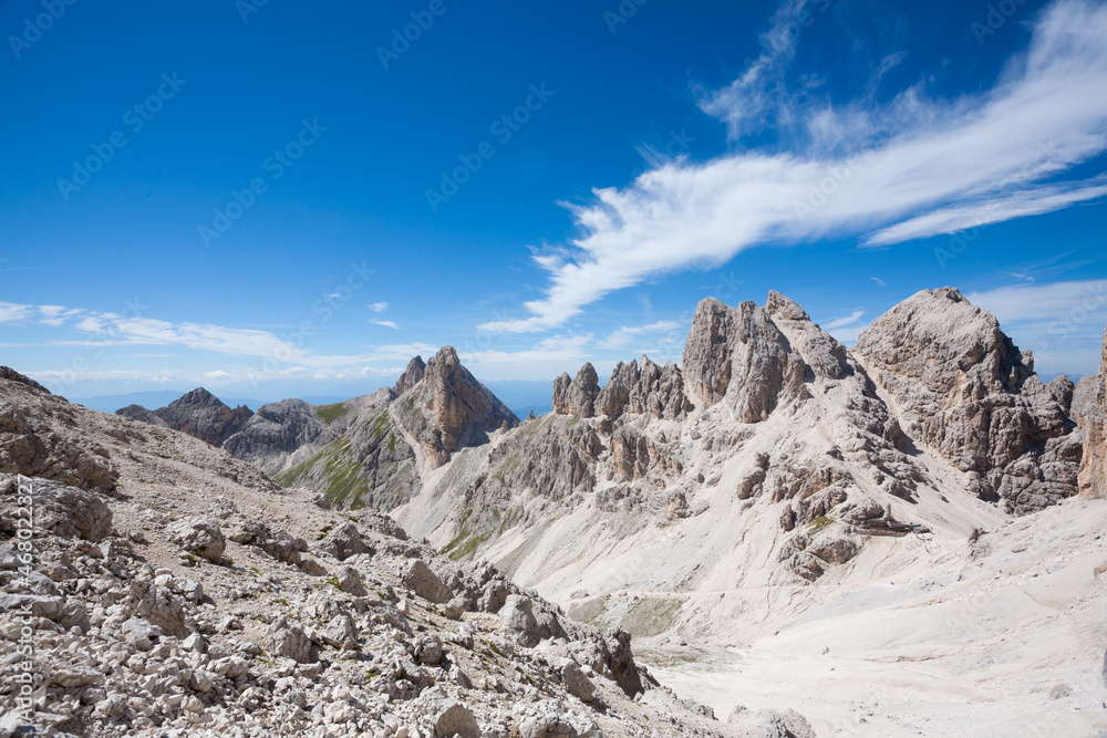 Dolomites landscape, trekking path in high mountain.