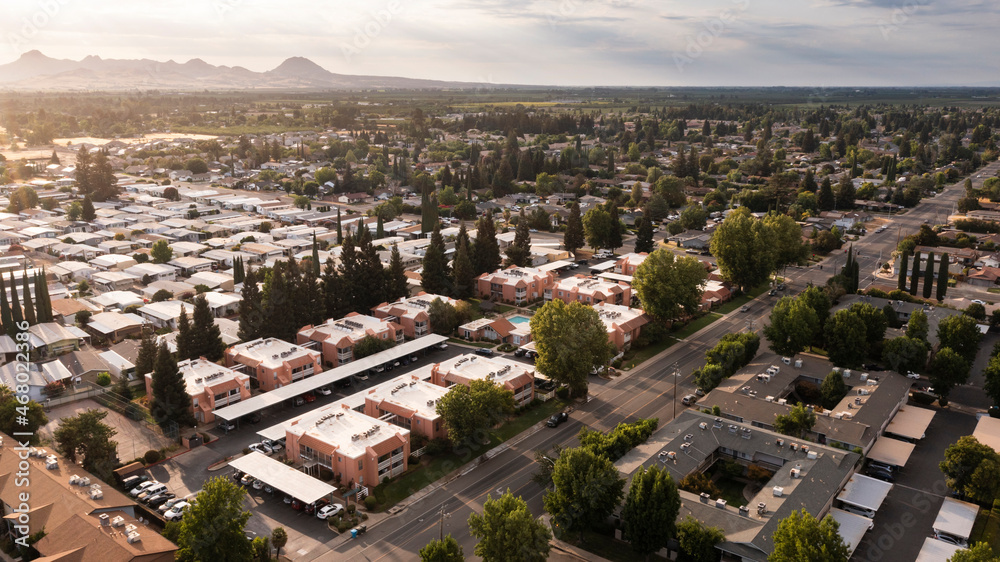 Afternoon aerial view of the urban core of downtown Yuba City, California, USA.