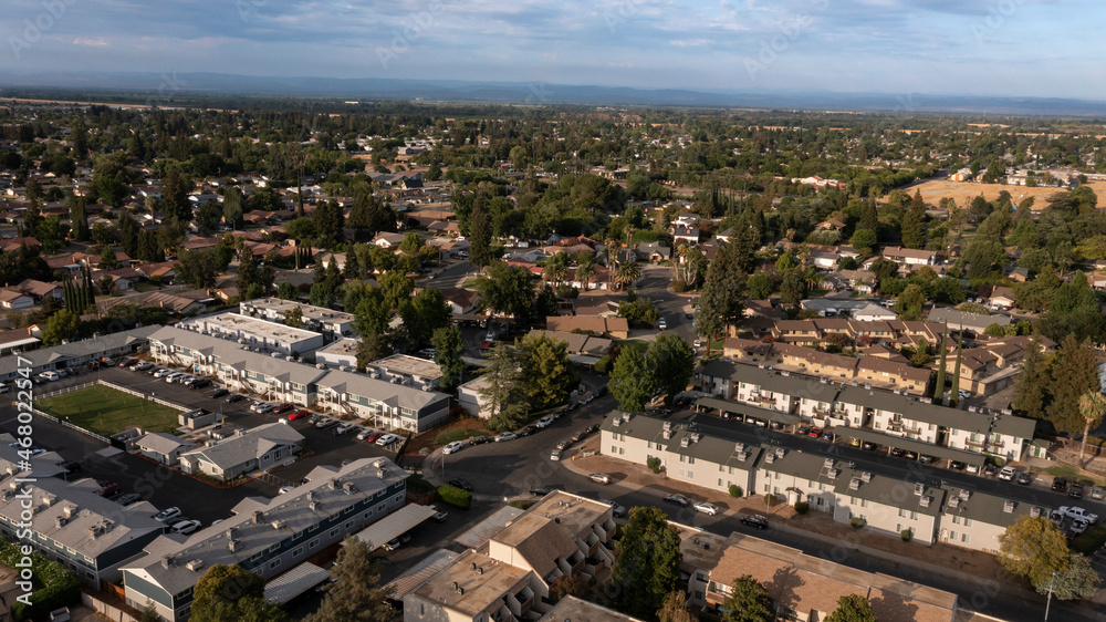 Fototapeta premium Afternoon aerial view of the urban core of downtown Yuba City, California, USA.