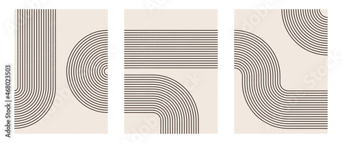 Abstract contemporary aesthetic background with geometric Minimal black line on beige. Boho wall decor.