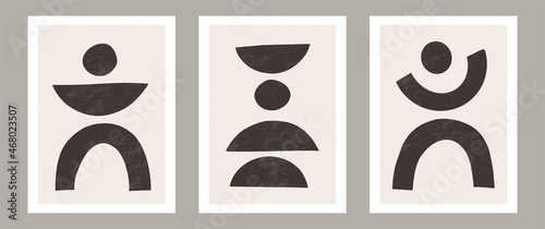 Trendy contemporary Abstract wall art, Set of 3 boho art prints, Minimal black shapes on beige.
