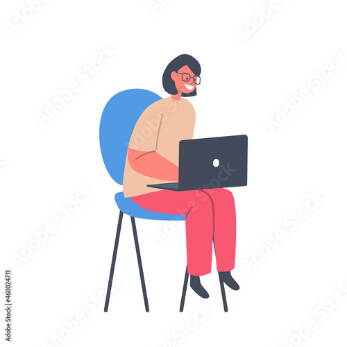 Little Girl Sitting on Chair with Laptop in Hands Isolated on White Background. Child Playing Games, Distant Education