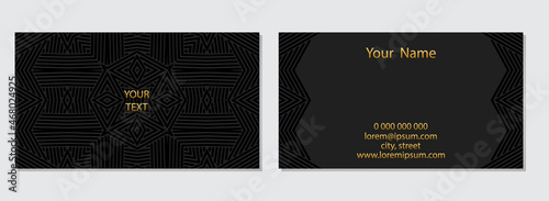 Vector isolated business card template. 3D volumetric geometric ethnic elegant pattern, embossed black background. Design of invitation, prestigious gift card, voucher. Islam, Arabic, Indian, Ottoman 