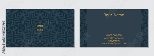 Vector isolated business card template. 3D volumetric geometric ethnic floral pattern, embossed blue background. Design of invitation, prestigious gift card, voucher. Islam, Arabic, Indian, Ottoman