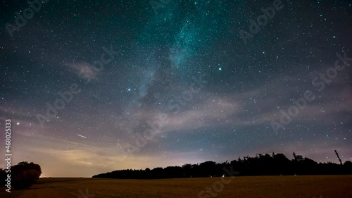 A time-lapse of the Milky Way galaxy in the beautiful dark blue starry sky over a landscape at night