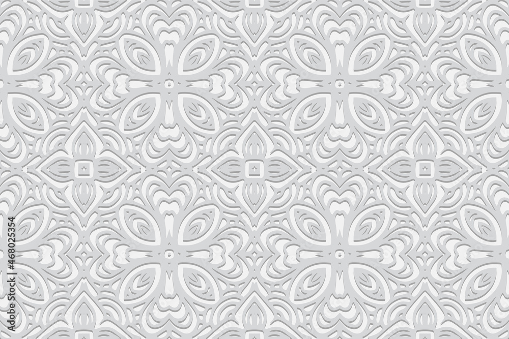 Embossed white background design, decorative banner with geometric volumetric convex ethnic 3D pattern. Vintage oriental, Indian, Mexican, Aztec style, doodling technique, art deco.