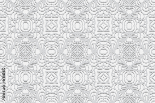 Embossed white background design, original banner with geometric volumetric convex ethnic 3D pattern. Vintage oriental, Indian, Mexican, Aztec style, doodling technique, art deco.