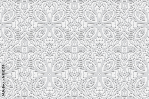 Embossed white background design, decorative banner with geometric volumetric convex ethnic 3D pattern. Vintage oriental, Indian, Mexican, Aztec style, doodling technique, art deco.