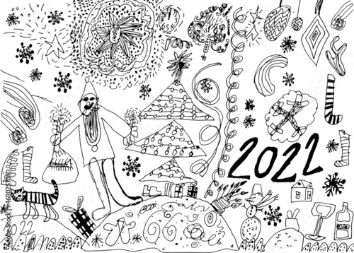 Naivety Christmas black and white funny drawing in kids scribble style for poster, greeting card, package. Marker pen childlike freehand art. Cute hand drawn sketch for celebration of happy new year.  photo