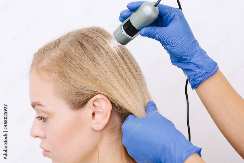 Doctor diagnoses the structure of the hair. Consultation with a trichologist Doctor diagnoses the structure of the hair. Consultation with a trichologist