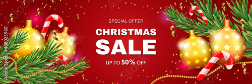 Modern Christmas sale banner background. Winter seasonal discount advertising banner. Realistic Christmas balls, Christmas tree, golden tinsel, elegant shapes, test space. Vector illustration