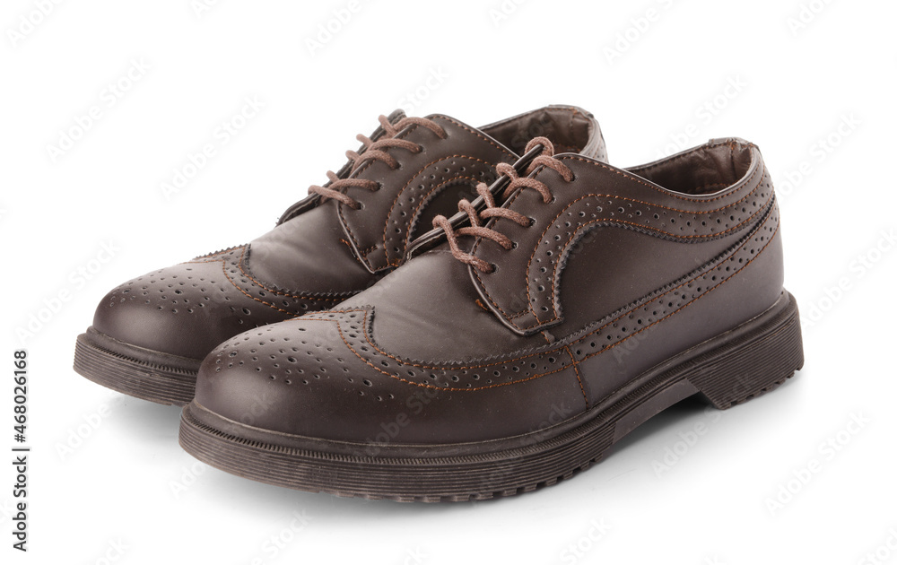 Stylish male leather shoes on white background