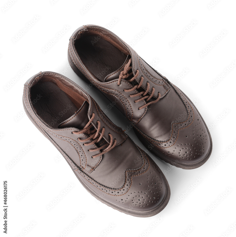 Stylish male leather shoes on white background