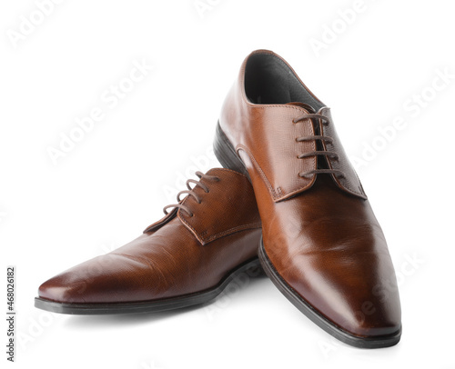 Stylish male leather shoes on white background