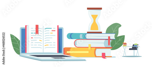 Exam Preparation Concept with Open Textbook, Hourglass Stand on Books Pile and Student Desk. Classroom Interior