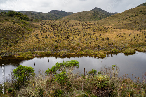 Hike to Paramo de Guacheneque  birthplace of the Bogota River. The Guacheneque lagoon. At Villapinz  n  Cundinamarca  Colombia.