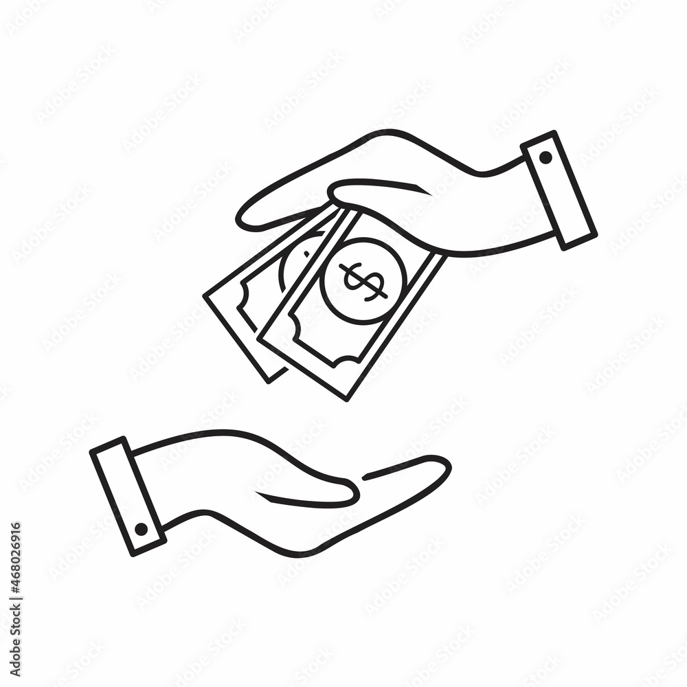 Thin line hand holding money icons. Hand with banknotes. Cash payment and receiving money icon