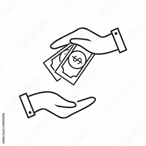 Thin line hand holding money icons. Hand with banknotes. Cash payment and receiving money icon