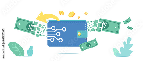 Digital Wallet and Currency Mobile Banking, Online Finance, Ecommerce Concept. Dollar Bills and Purse with Microcircuits