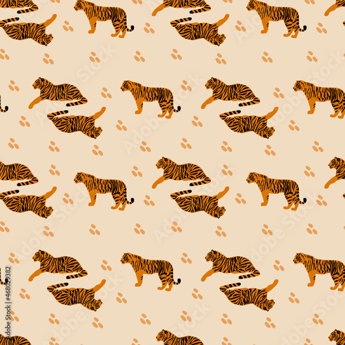 The pattern with tigers 2022 is a symbol of the year. Background with a wild red animal. Illustration for the new year for textiles or print clothes. Vector illustration
