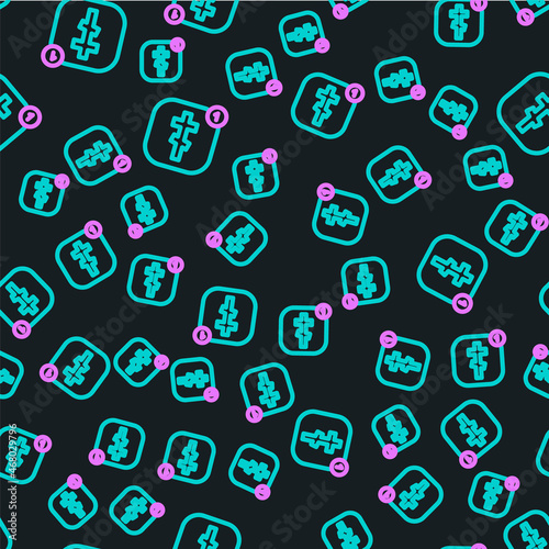 Line Online church pastor preaching video streaming icon isolated seamless pattern on black background. Online church of Jesus Christ. Vector