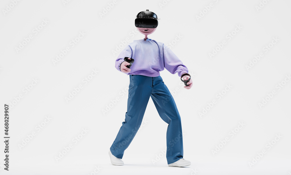 Awesome Travor standingr with hand controllers and a VR helmet. Online gaming concept. Highly detailed fashionable stylish abstract character isolated on white background. Right view. 3d rendering. Awesome Travor standingr with hand controllers and a VR helmet. Online gaming concept. Highly detailed fashionable stylish abstract character isolated on white background. Right view. 3d rendering.