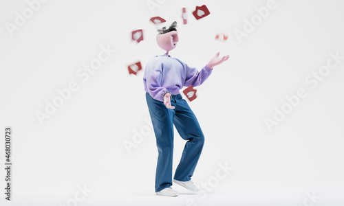 some Travor juggles with heart icons. Social media popularity concept. Highly detailed fashionable stylish abstract character isolated on white background. Right view. 3d rendering. © ekostsov