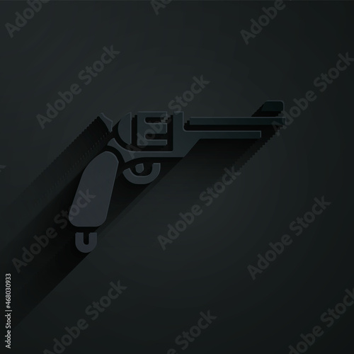 Paper cut Revolver gun icon isolated on black background. Paper art style. Vector