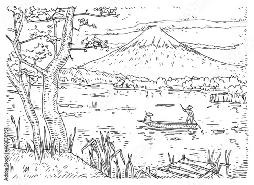 Fisherman on boat. Vintage vector engraving japanese landscape with mountains, lake