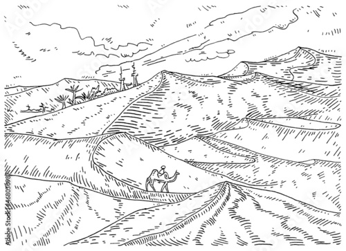 Bedouin and camel go to the oasis in the desert. Vintage vector engraving black illustration.