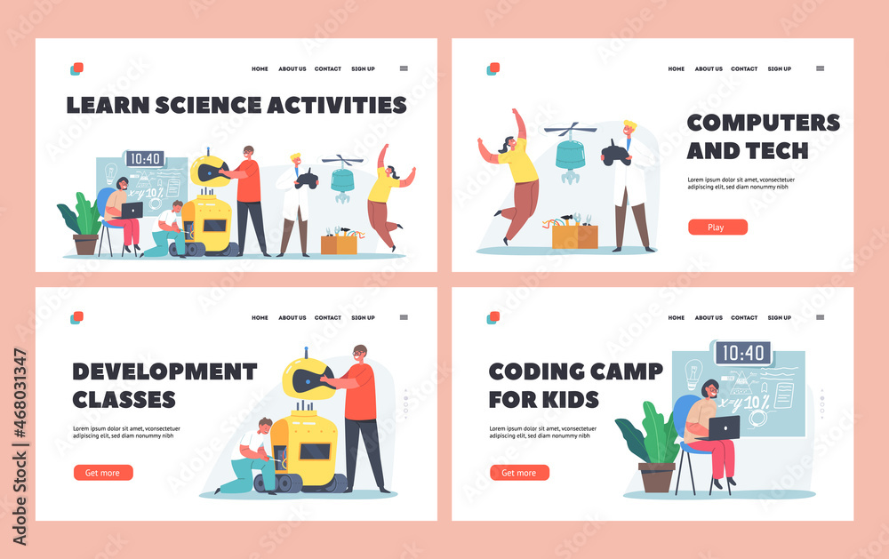Kids Learn Science Activities Landing Page Template Set. Kids Programming Creating Robots in Class. Engineering for Kids