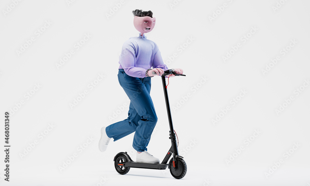 Obraz premium Awesome Travor kicked off on scooter.. Eco-friendly alternative transport concept. Highly detailed fashionable stylish abstract character isolated on white background. Right view. 3d rendering. 