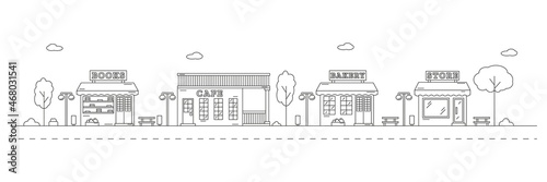 Horizontal urban landscape with town street or district. Neighborhood line art. City life illustration with buildings facades and other urban details. Editable stroke.