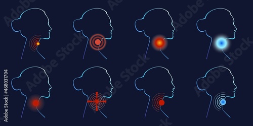Set of Woman silhouettes sore throat, irritation, symptom of flu, health problems. Vector illustration in neon light style, medical concept, head profile, icon, healthcare service logo, flat style photo