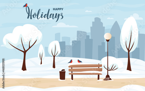 Winter city park with snow and city silhouette. Bench in winter city park, winter holidays concept in flat cartoon style. City park landscape. Happy Holidays lettering. Vector illustration