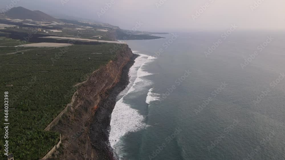 Banana plantation fields and solidified lava in sea after volcano eruption at La Palma, Canary islands. Aerial forward