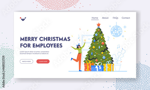 Merry Christmas for Employees Landing Page Template. Happy New Year Celebration in Office. Cheerful Woman Celebrate
