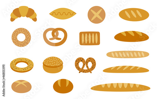 Set of bakery products and bagels on a white background. Icons.