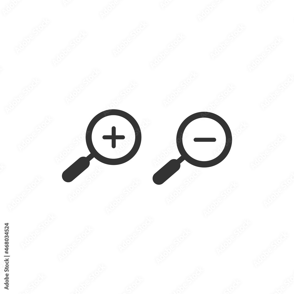 Magnifying glass increase and decrease icons. Zoom in zoom out icon. Stock vector illustration isolated on white background Magnifying glass increase and decrease icons. Zoom in zoom out icon. Stock vector illustration isolated on white background
