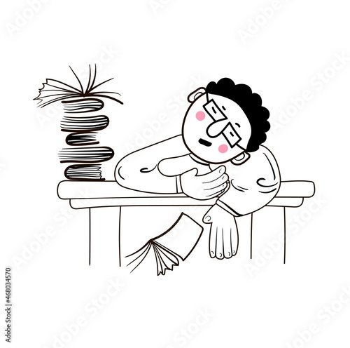 The boy in glasses fell asleep while sitting at the table, a book fell out of his hands, next to him there is a pile of books. Stock vector illustration isolated on white background in doodle style