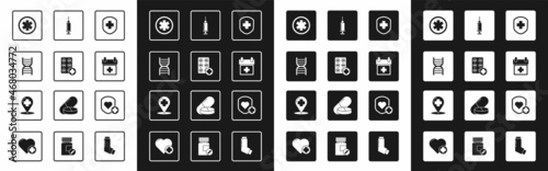 Set Medical shield with cross, Pills in blister pack, DNA symbol, of the Emergency, Doctor appointment, Syringe, Shield and heart rate and Map pointer hospital icon. Vector
